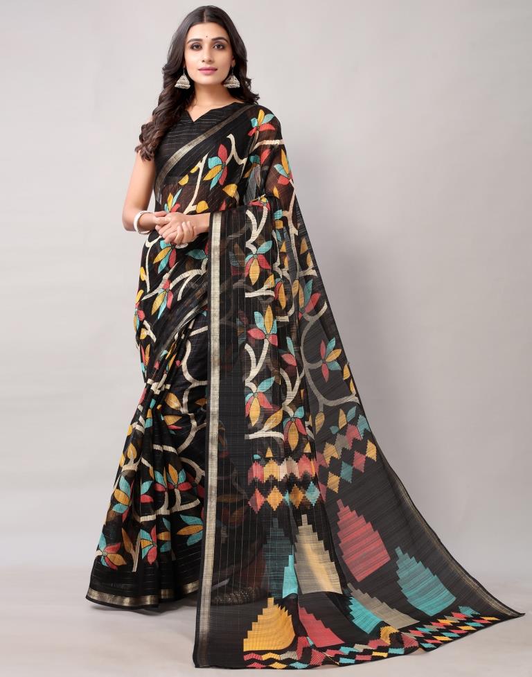 Black Printed Cotton Saree