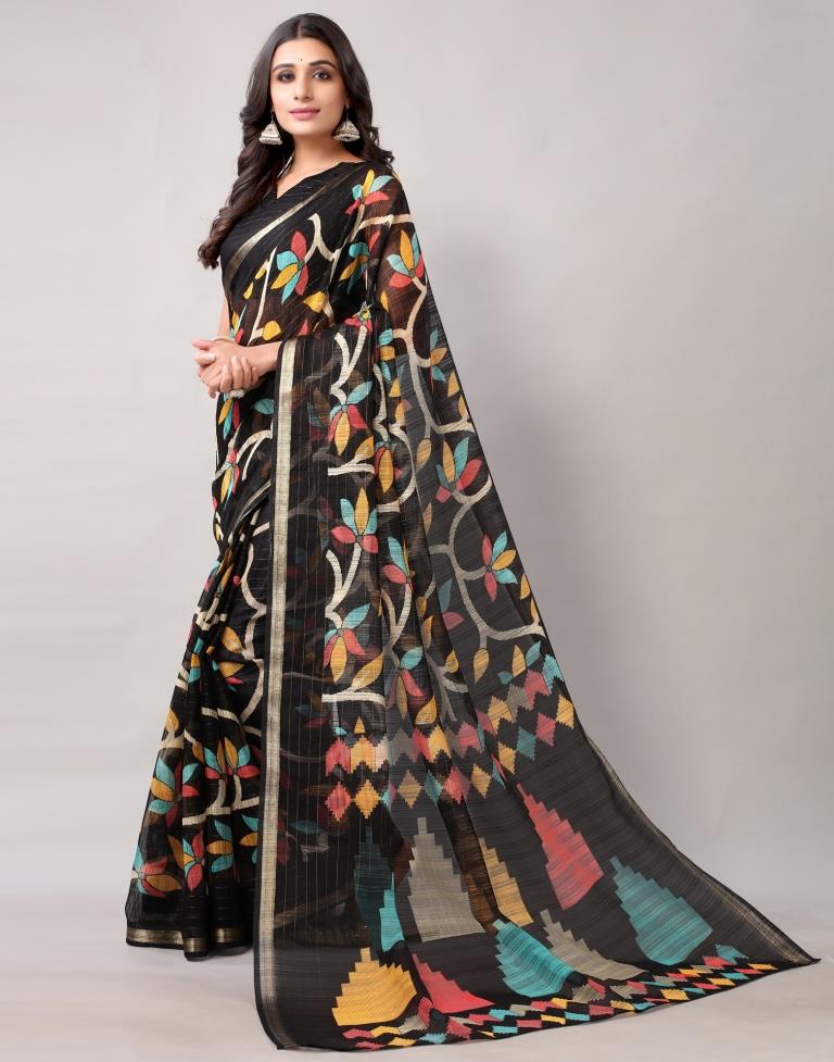 Black Printed Cotton Saree