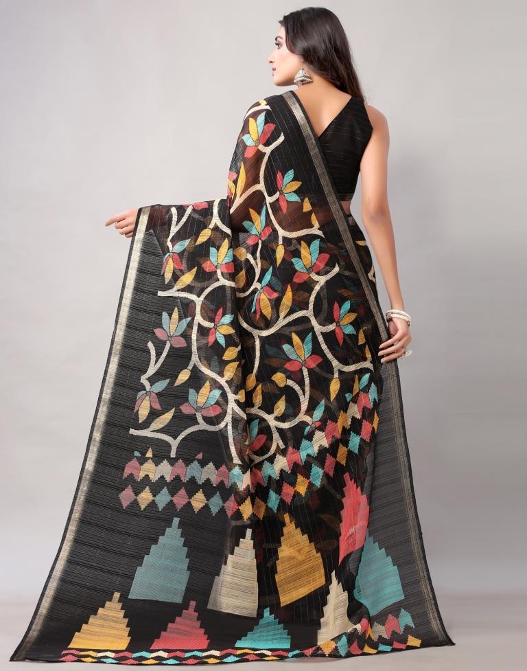 Black Printed Cotton Saree