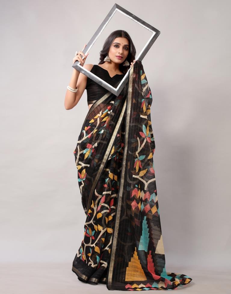 Black Printed Cotton Saree