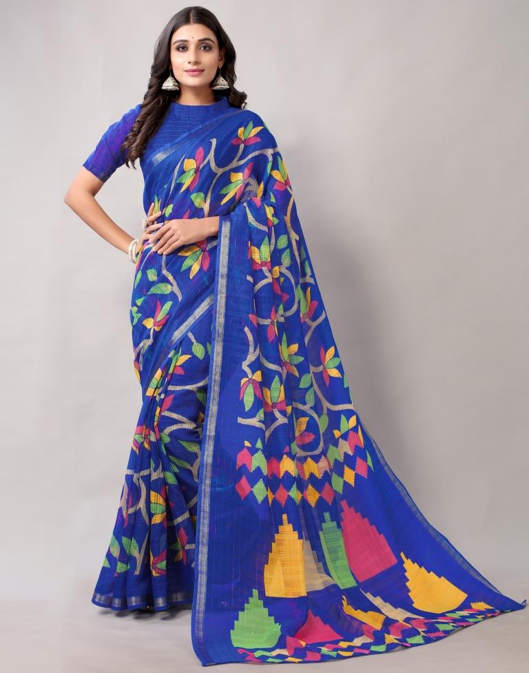 Royal Blue Printed Cotton Saree