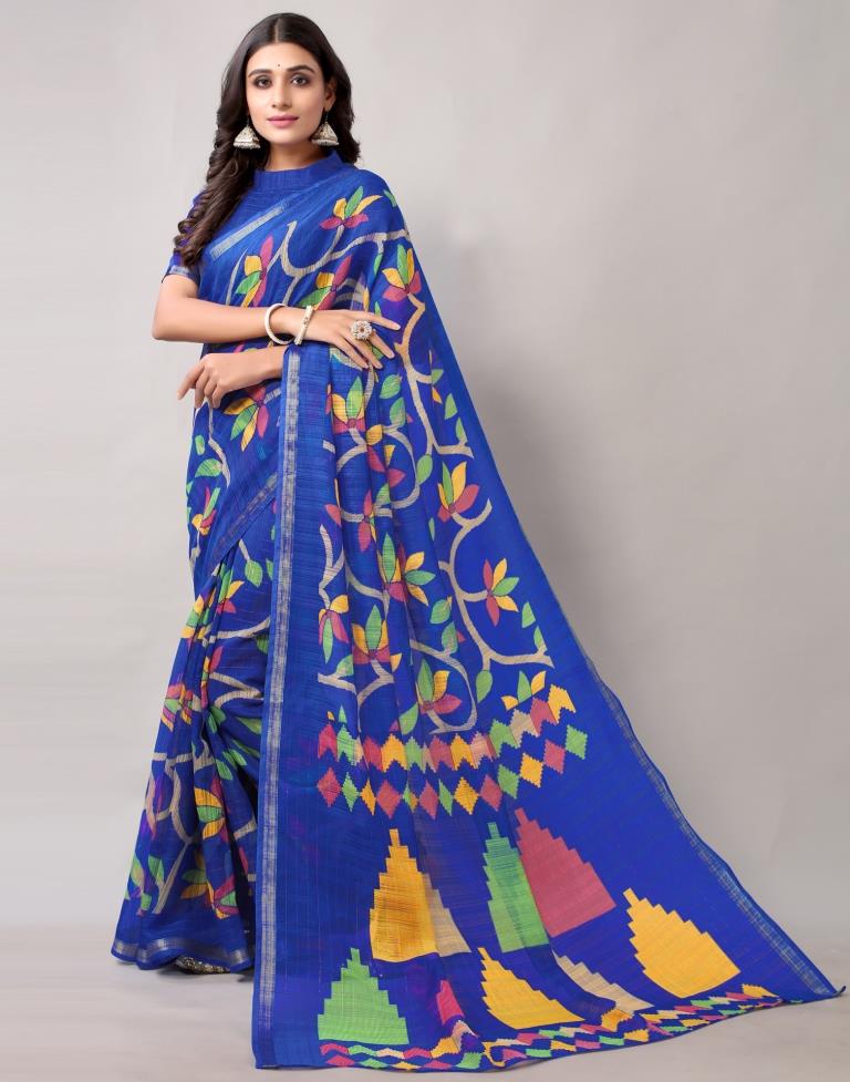 Royal Blue Printed Cotton Saree