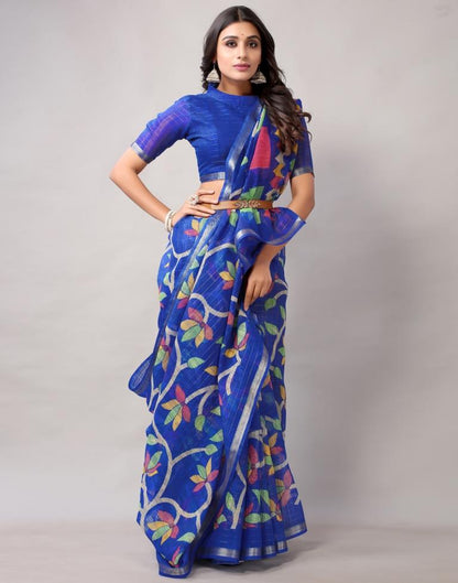 Royal Blue Printed Cotton Saree