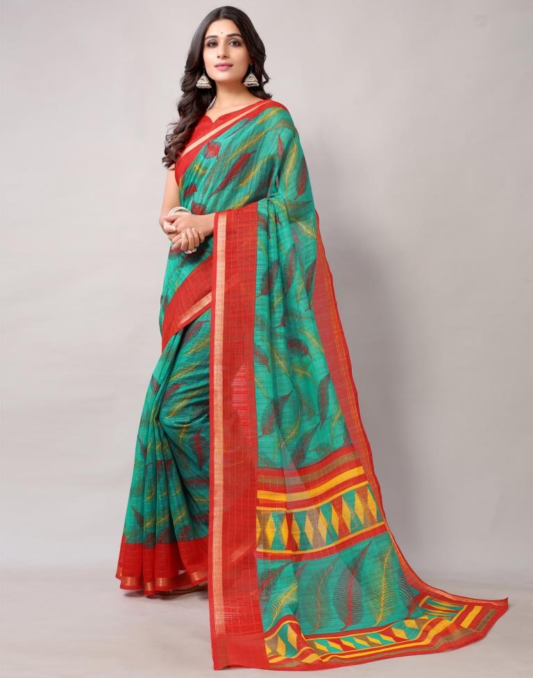 Rama Green Printed Cotton Saree
