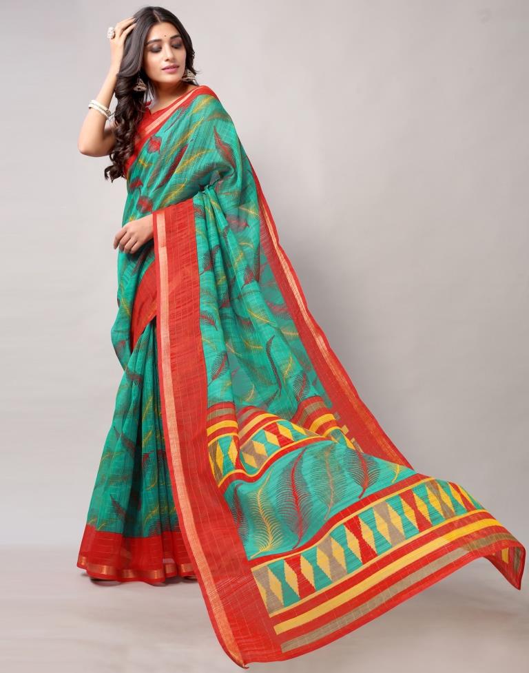 Rama Green Printed Cotton Saree