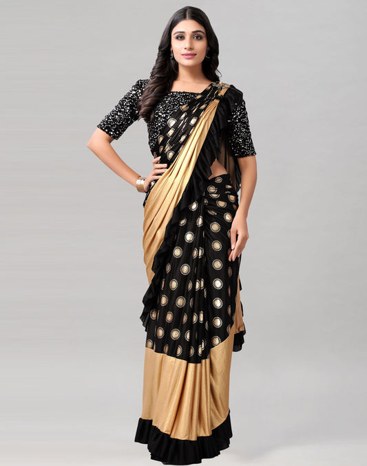 Black Printed Pre-draped Saree | Leemboodi