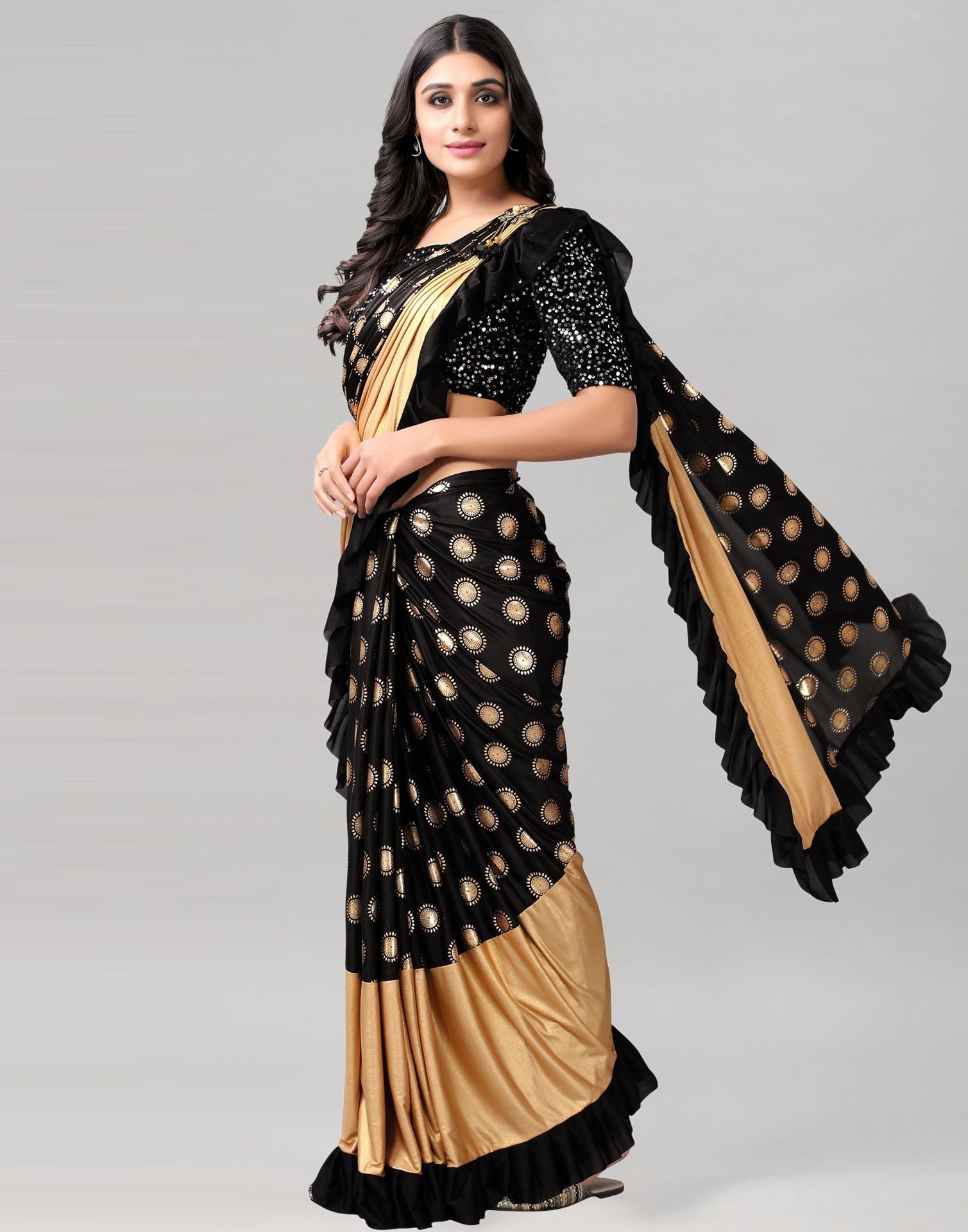 Black Printed Pre-draped Saree | Leemboodi