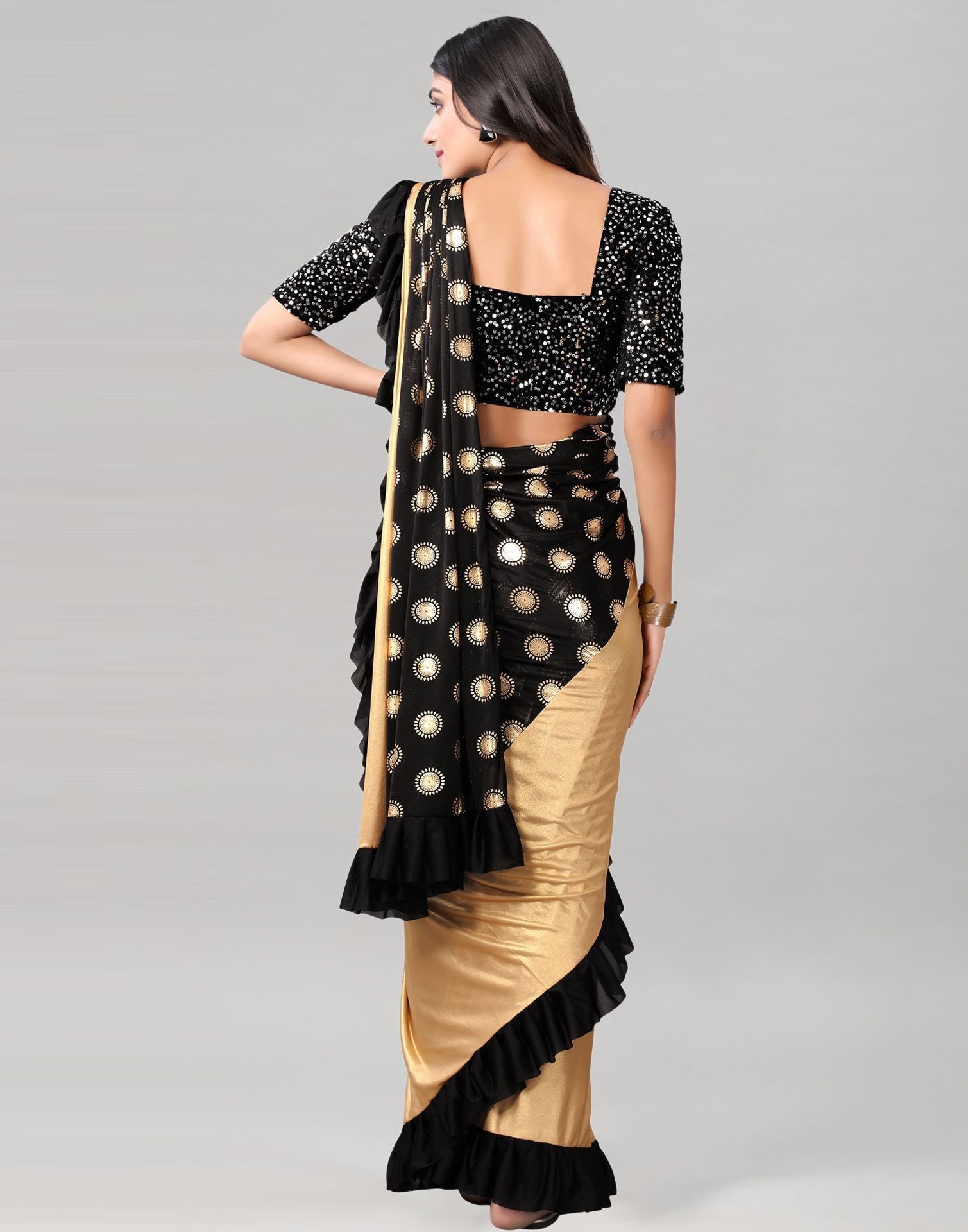 Black Printed Pre-draped Saree | Leemboodi