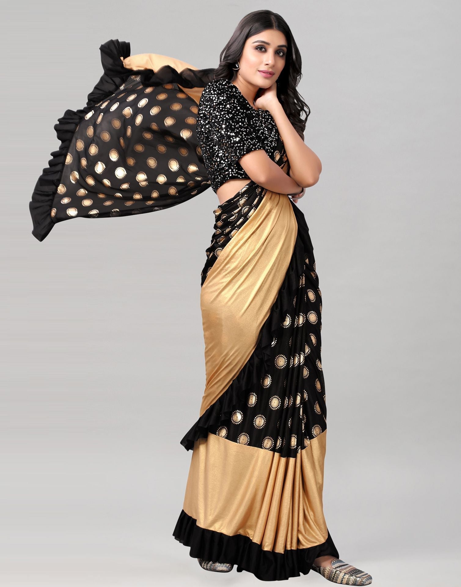Black Printed Pre-draped Saree | Leemboodi