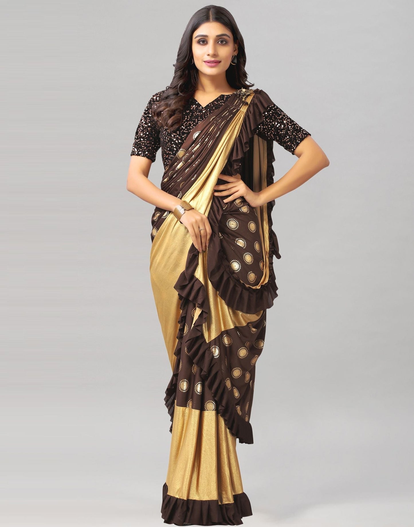 Brown Printed Pre-draped Saree | Leemboodi