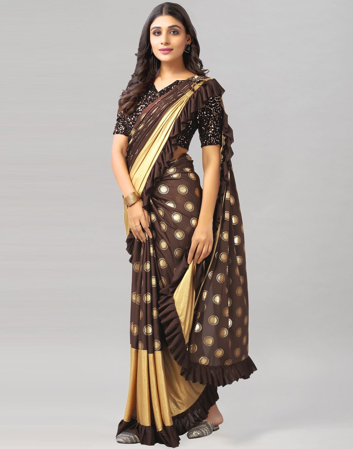 Brown Printed Pre-draped Saree | Leemboodi