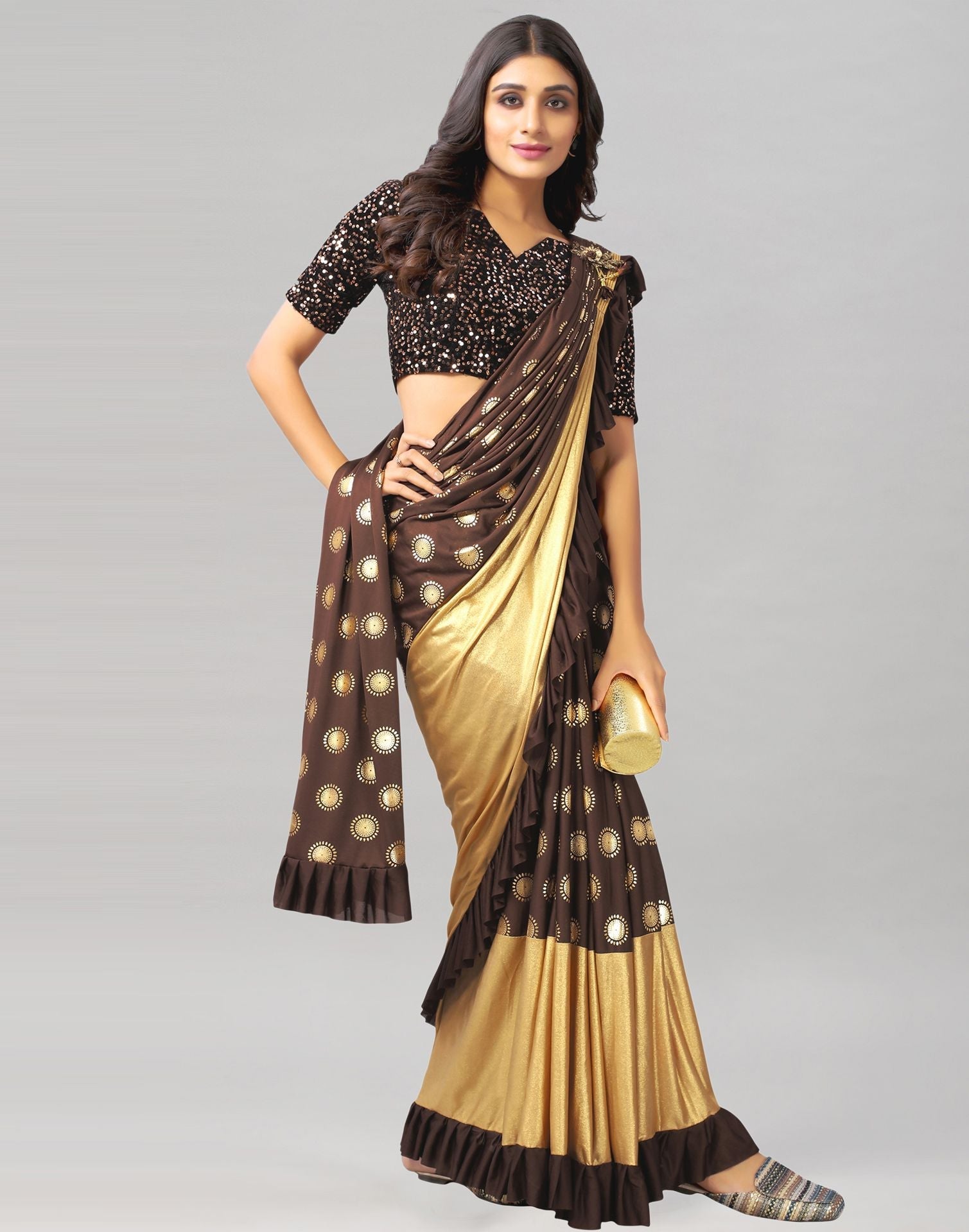 Brown Printed Pre-draped Saree | Leemboodi