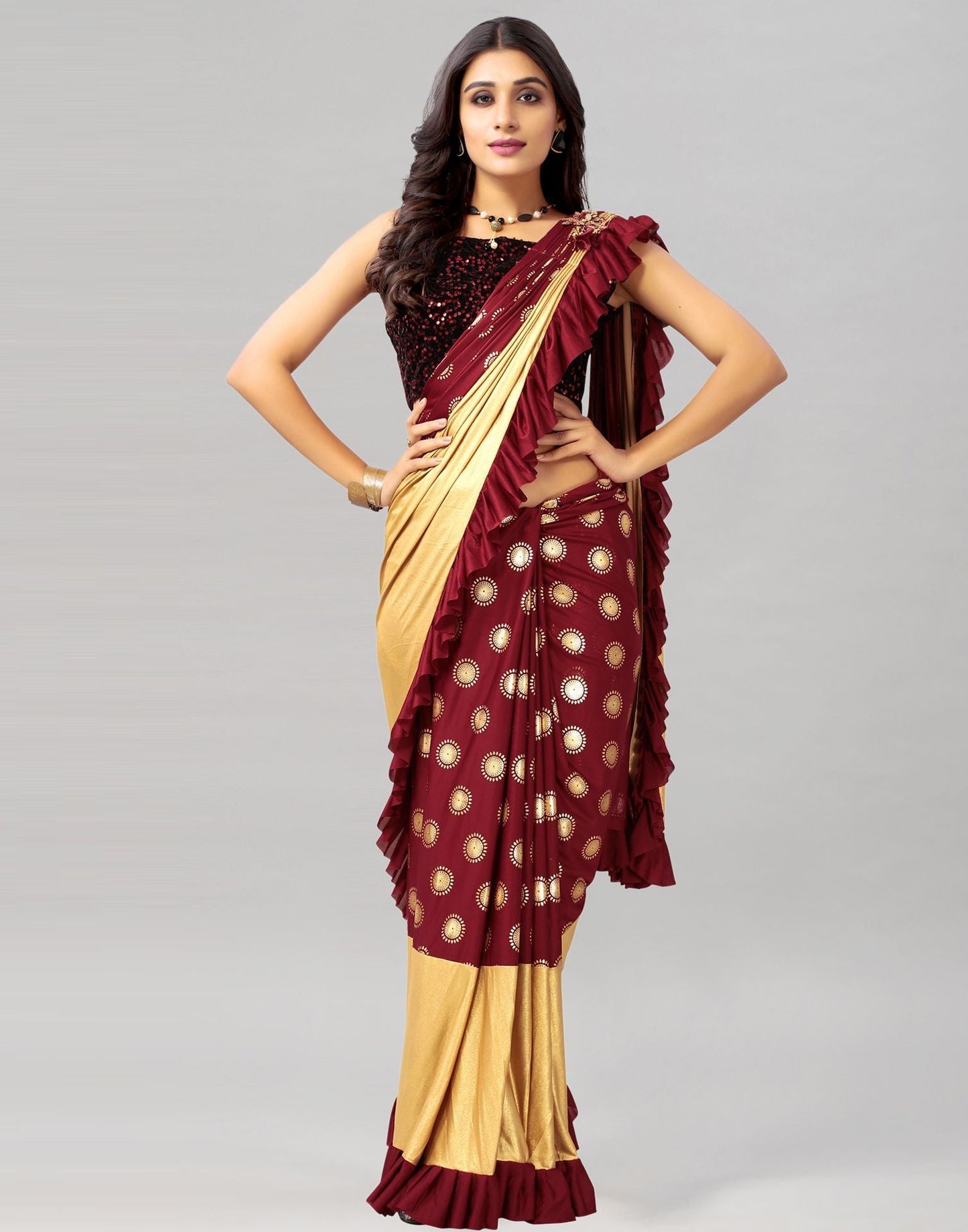 Maroon Printed Pre-draped Saree | Leemboodi