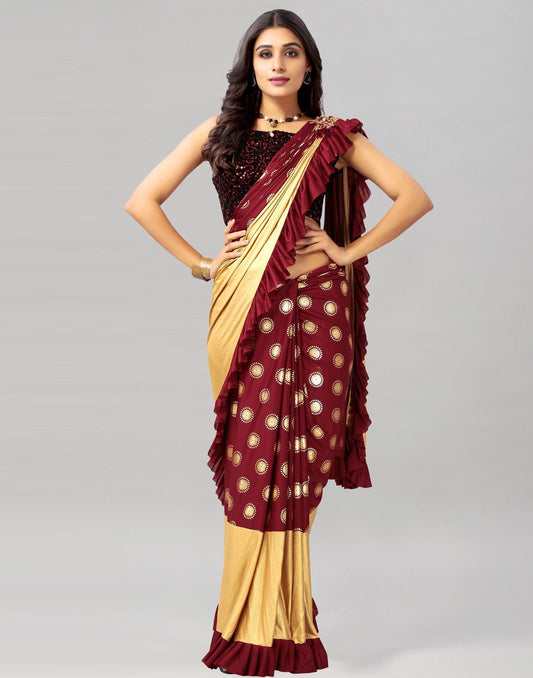Maroon Printed Pre-draped Saree | Leemboodi