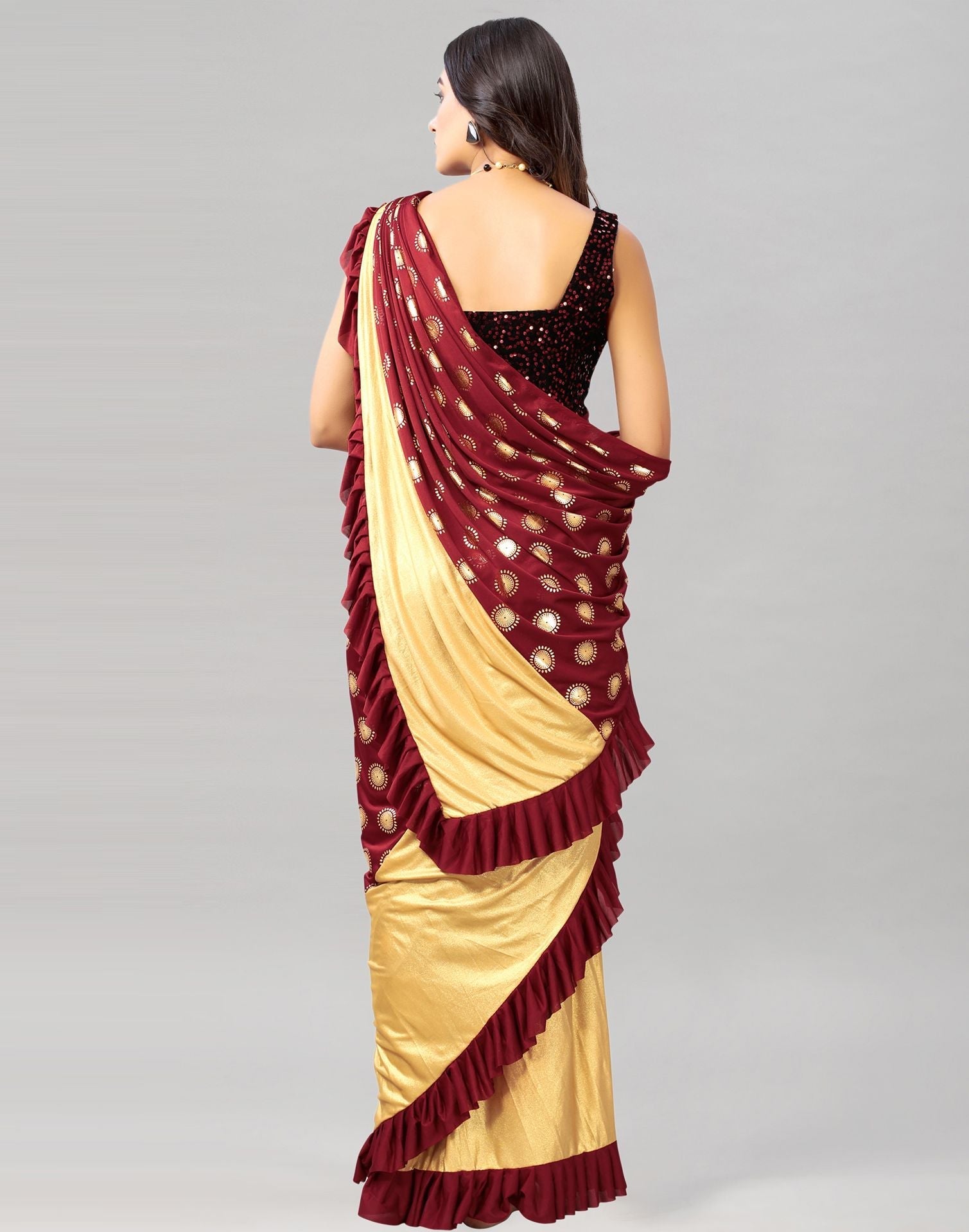 Maroon Printed Pre-draped Saree | Leemboodi