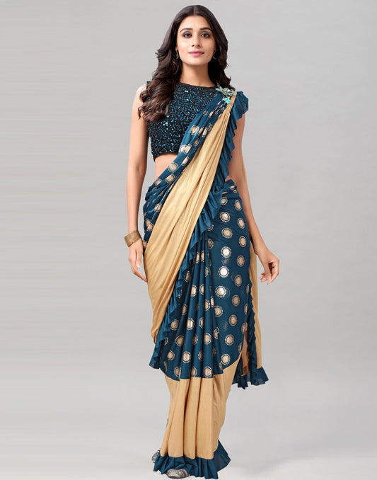 Teal Printed Pre-draped Saree | Leemboodi