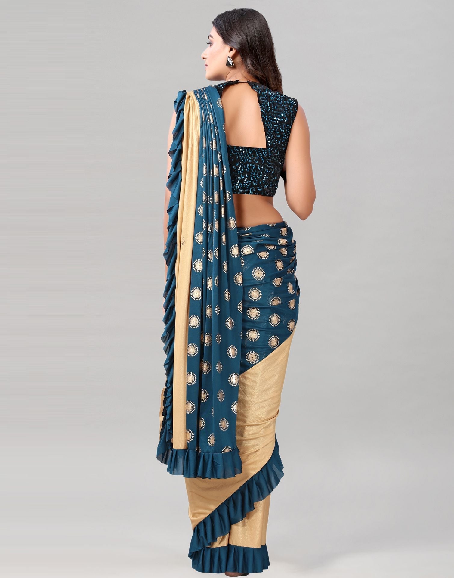 Teal Printed Pre-draped Saree | Leemboodi