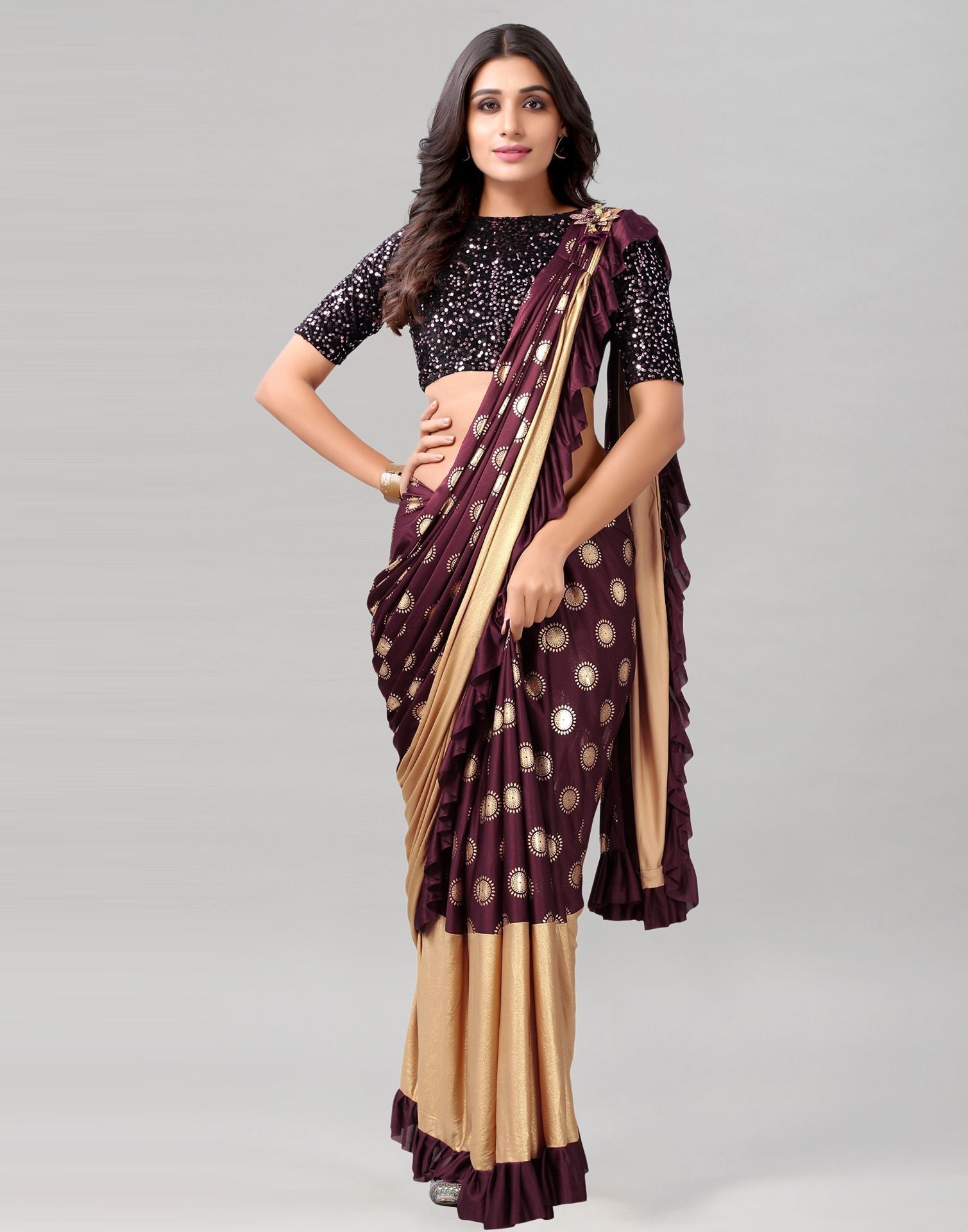 Wine Printed Pre-draped Saree | Leemboodi