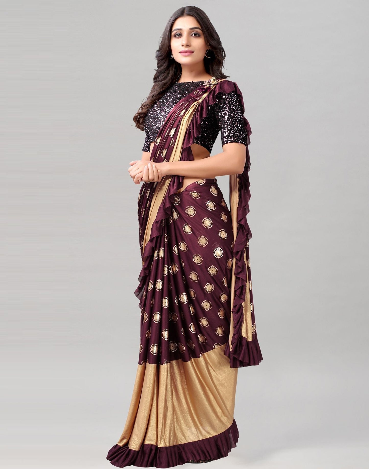 Wine Printed Pre-draped Saree | Leemboodi