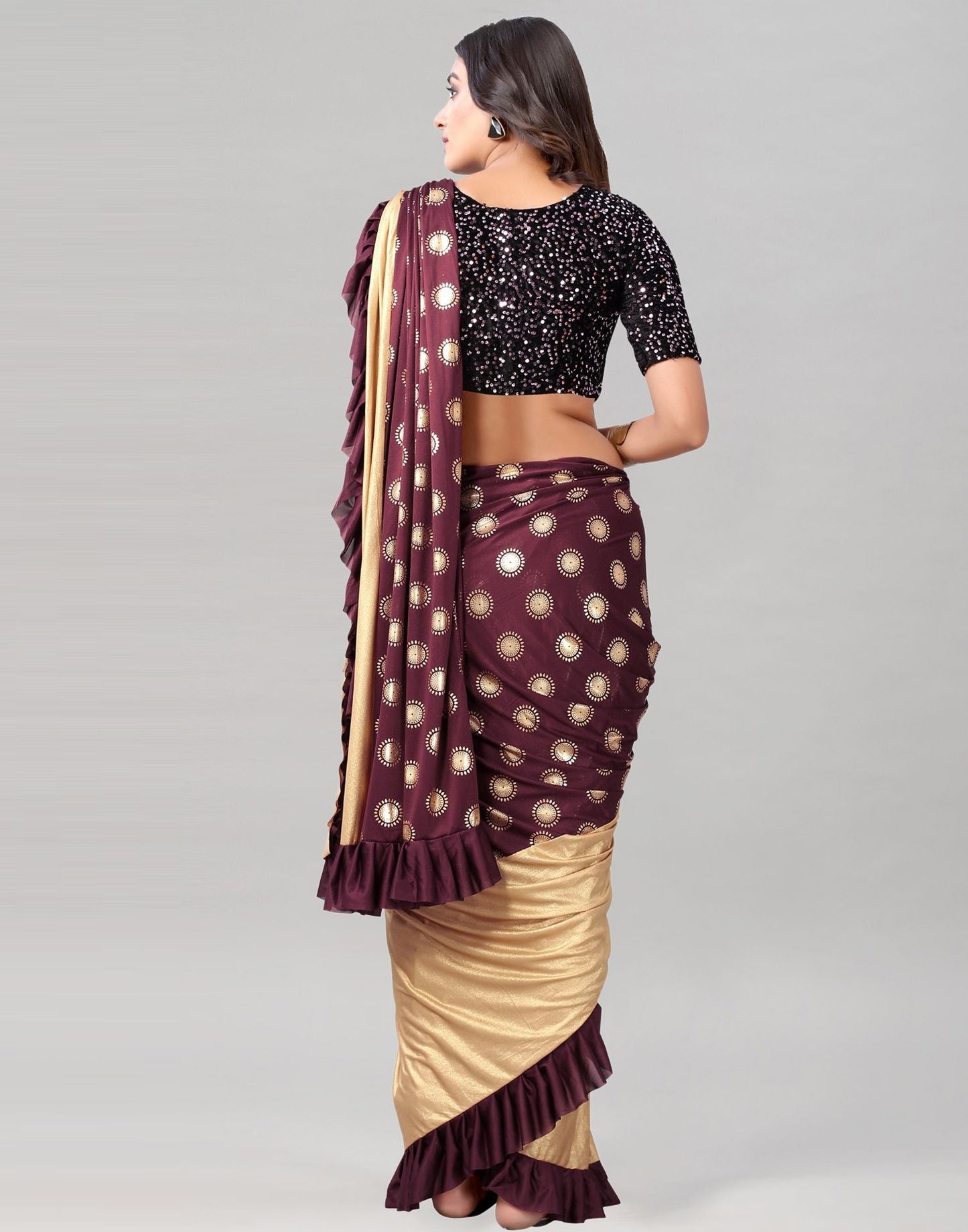 Wine Printed Pre-draped Saree | Leemboodi