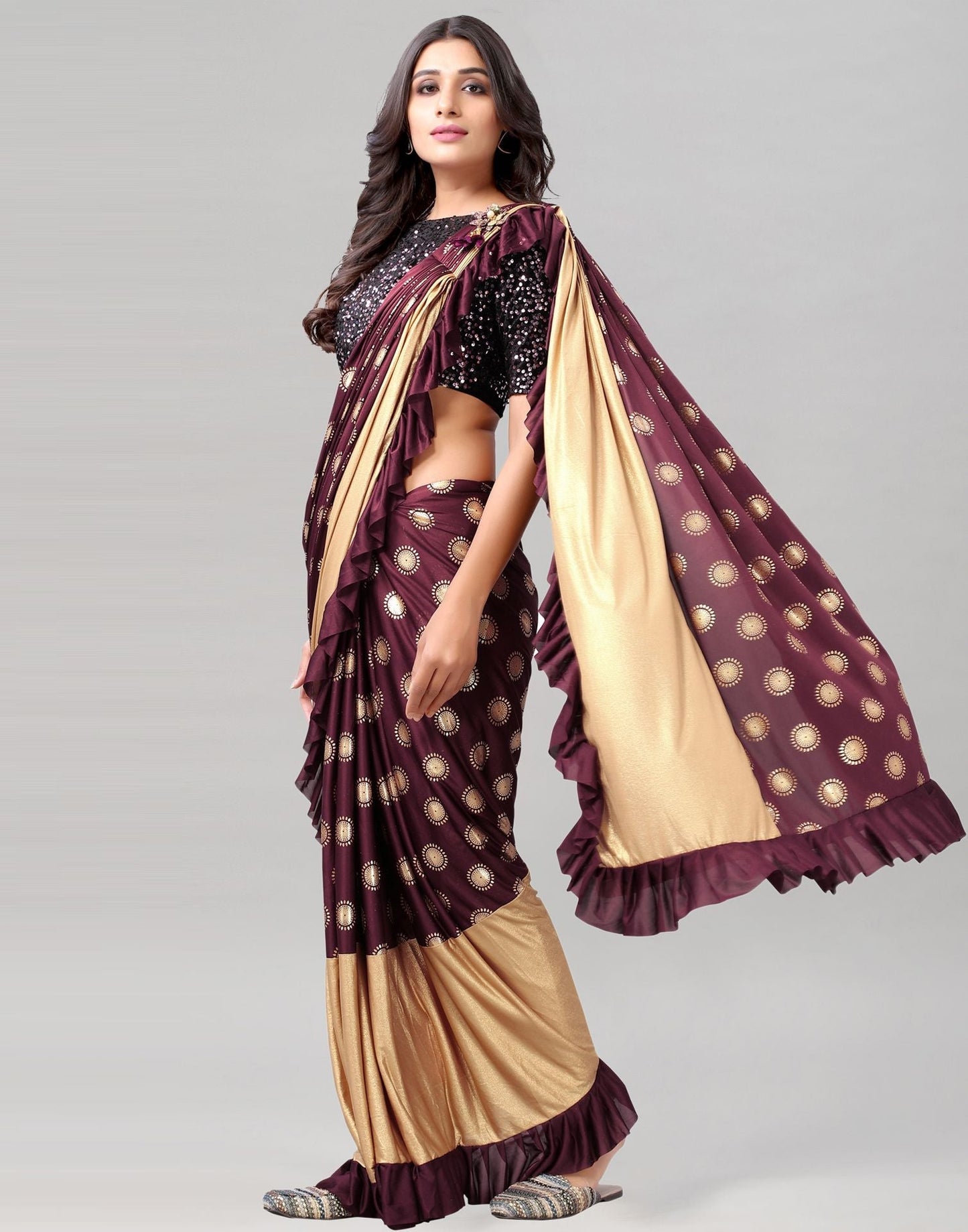 Wine Printed Pre-draped Saree | Leemboodi