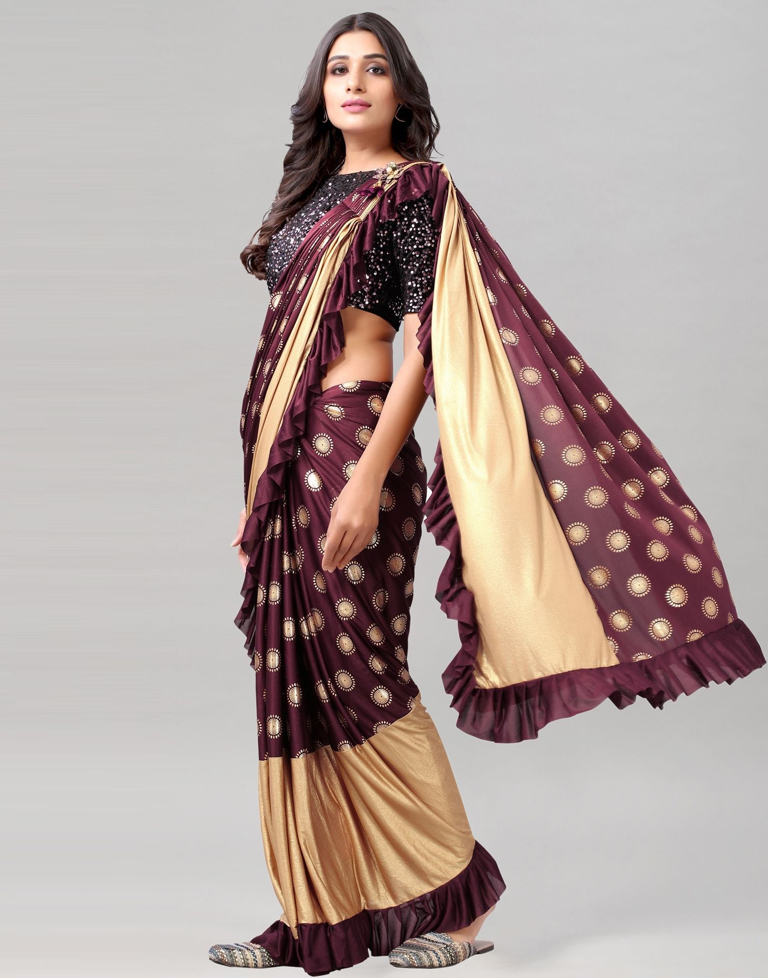 Wine Printed Pre-draped Saree | Leemboodi