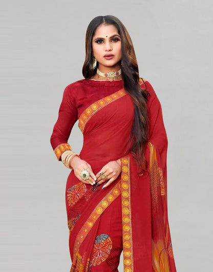 Red Printed Georgette Saree