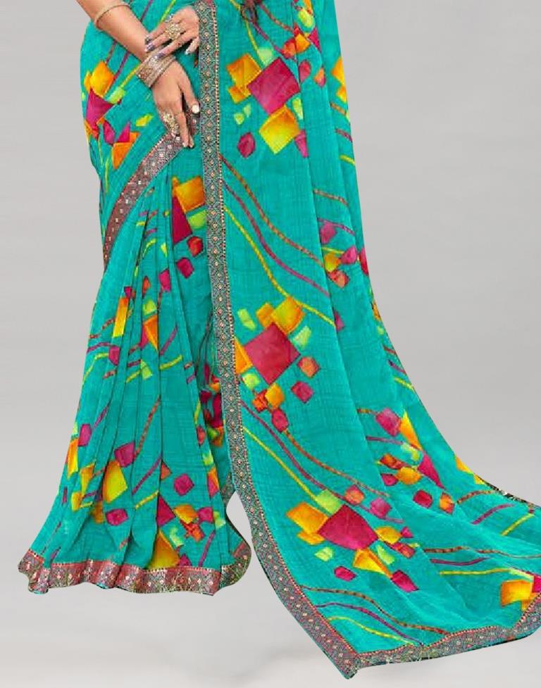 Turquoise Blue Printed Georgette Saree