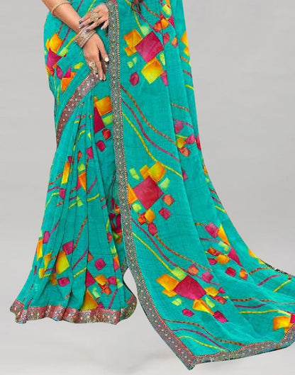 Turquoise Blue Printed Georgette Saree