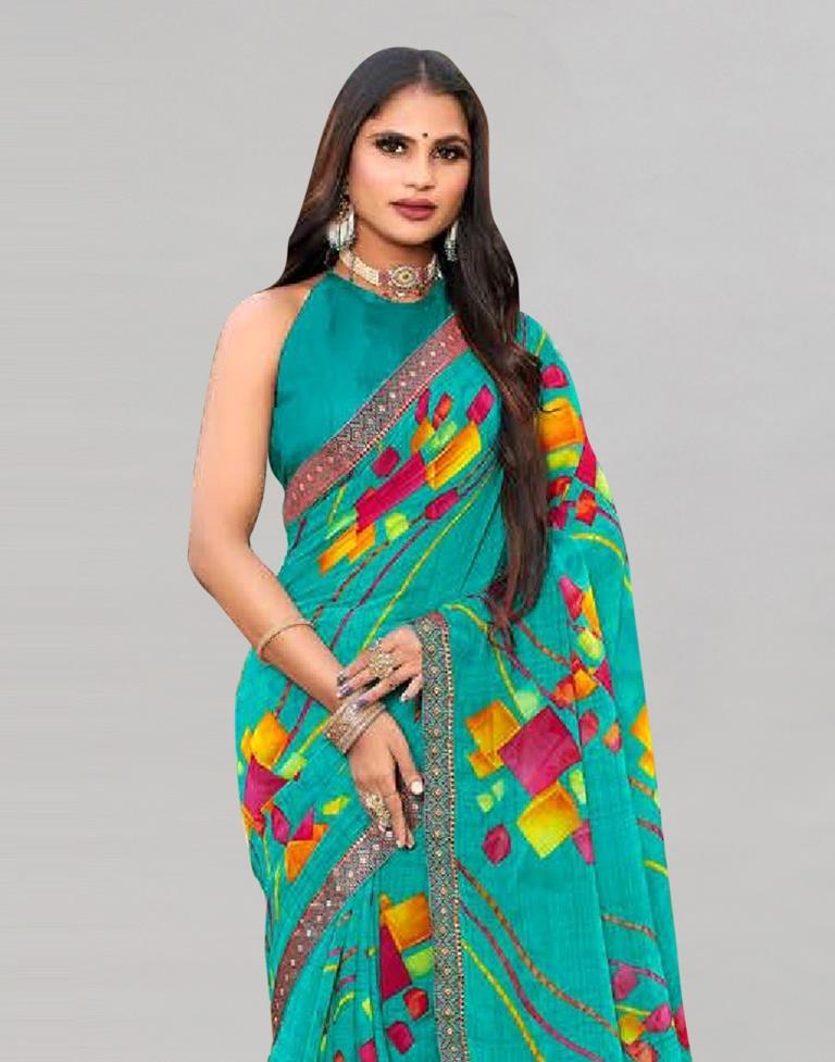 Turquoise Blue Printed Georgette Saree