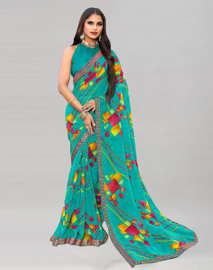 Turquoise Blue Printed Georgette Saree
