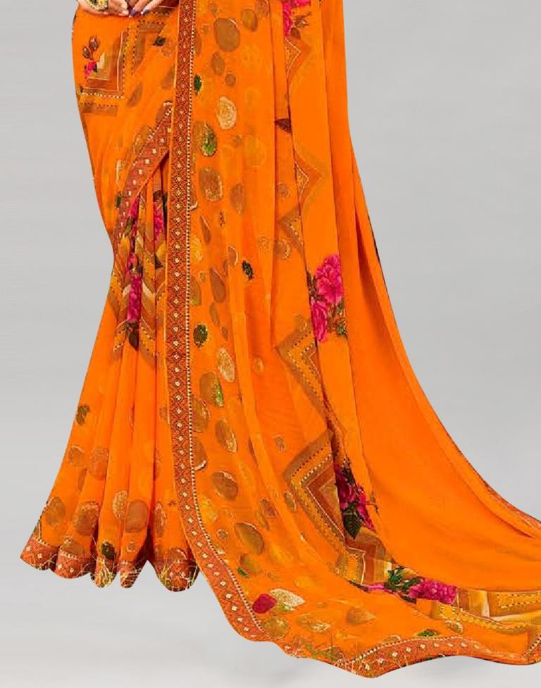 Orange Printed Georgette Saree