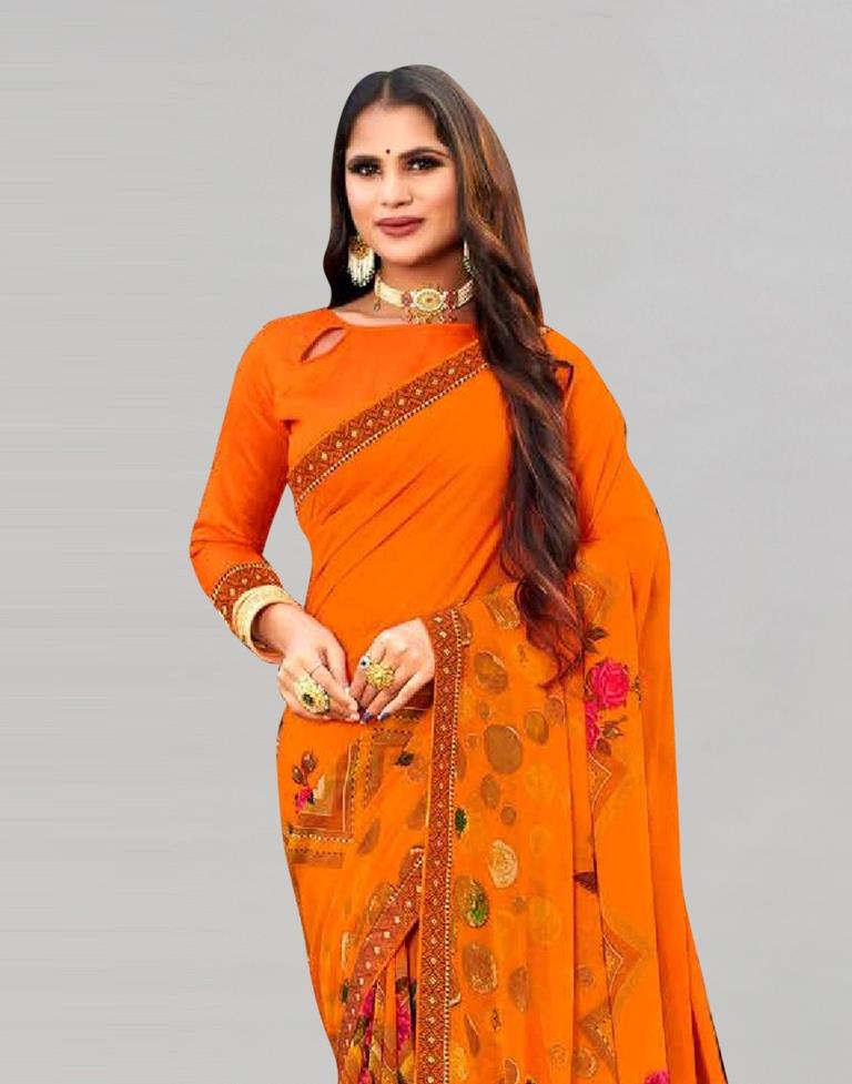 Orange Printed Georgette Saree
