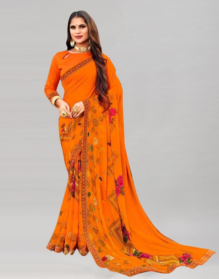Orange Printed Georgette Saree