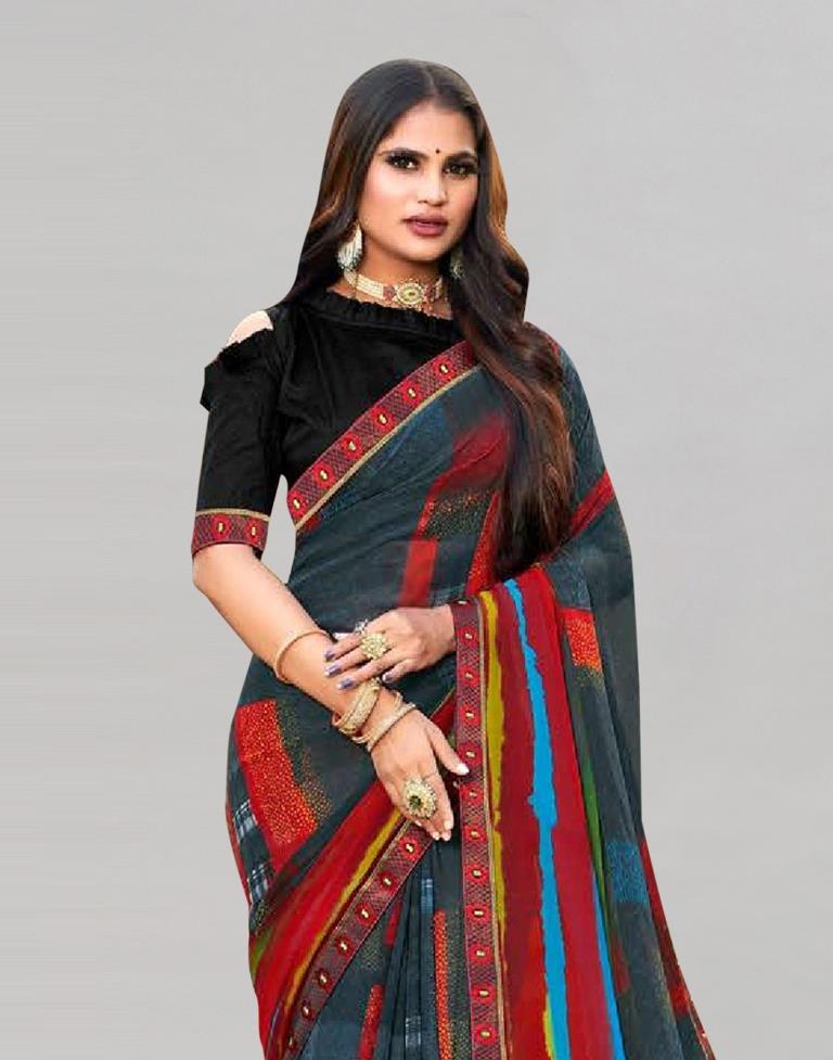 Dark Grey & Multicoloured  Printed Georgette Saree