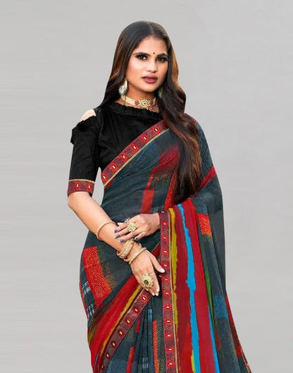 Dark Grey & Multicoloured  Printed Georgette Saree