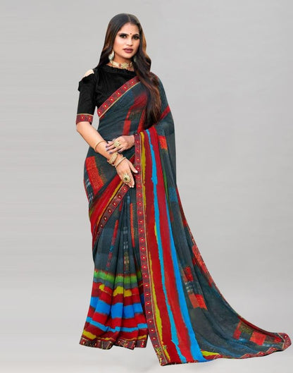 Dark Grey & Multicoloured  Printed Georgette Saree