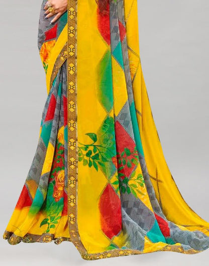 Yellow Printed Georgette Saree