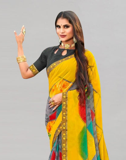 Yellow Printed Georgette Saree