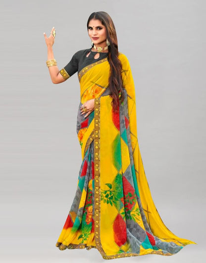 Yellow Printed Georgette Saree