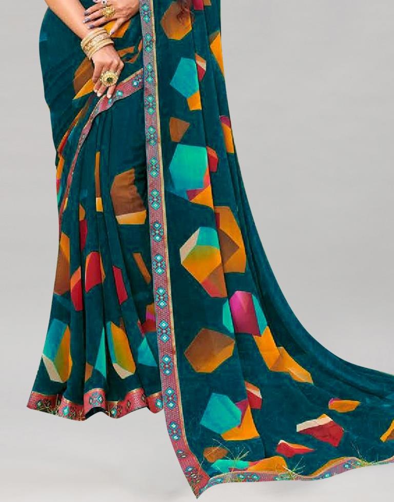 Dark Teal Blue Printed Georgette Saree