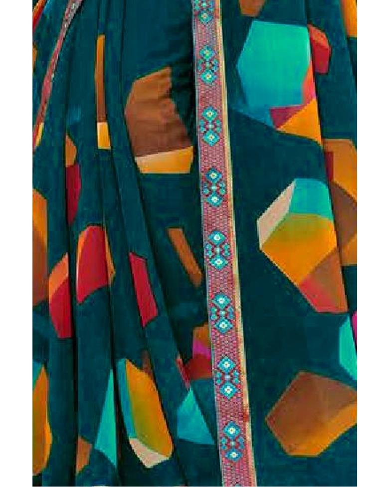 Dark Teal Blue Printed Georgette Saree