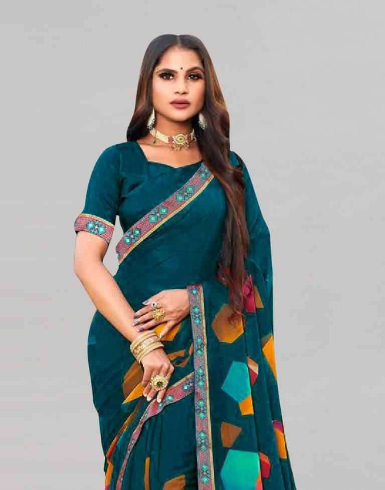 Dark Teal Blue Printed Georgette Saree