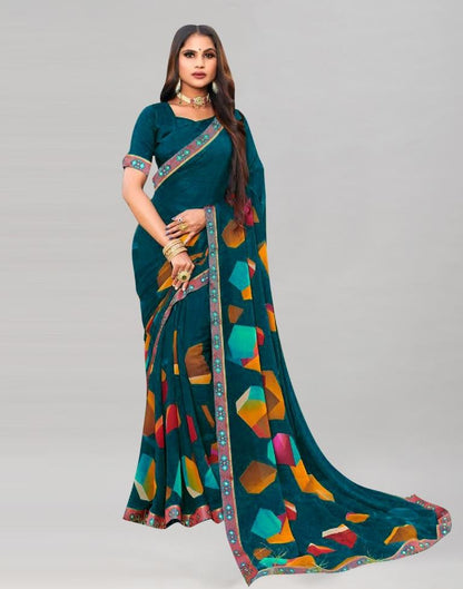 Dark Teal Blue Printed Georgette Saree