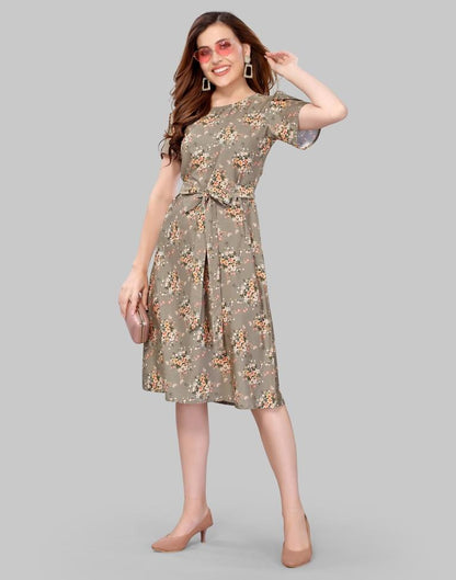 Greenish Grey Coloured Crepe Digital Printed Dress | Leemboodi