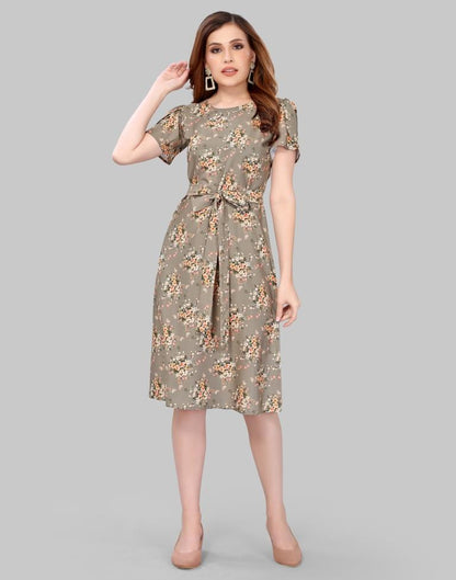 Greenish Grey Coloured Crepe Digital Printed Dress | Leemboodi