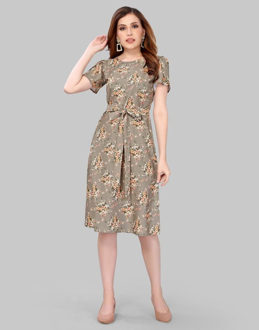 Greenish Grey Coloured Crepe Digital Printed Dress | Leemboodi