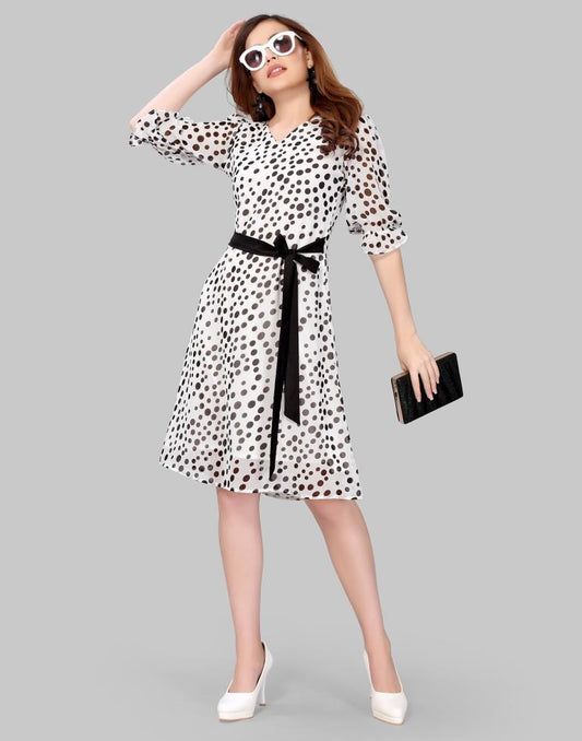 White Coloured Georgette Polka Dot Dress | Sudathi
