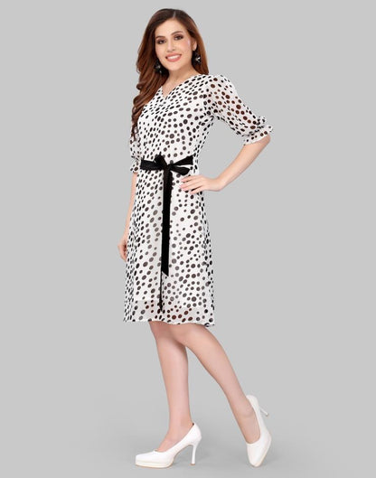 White Coloured Georgette Polka Dot Dress | Sudathi