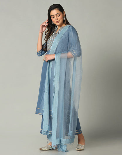 Steel Blue Kurti With Pant And Dupatta | Sudathi